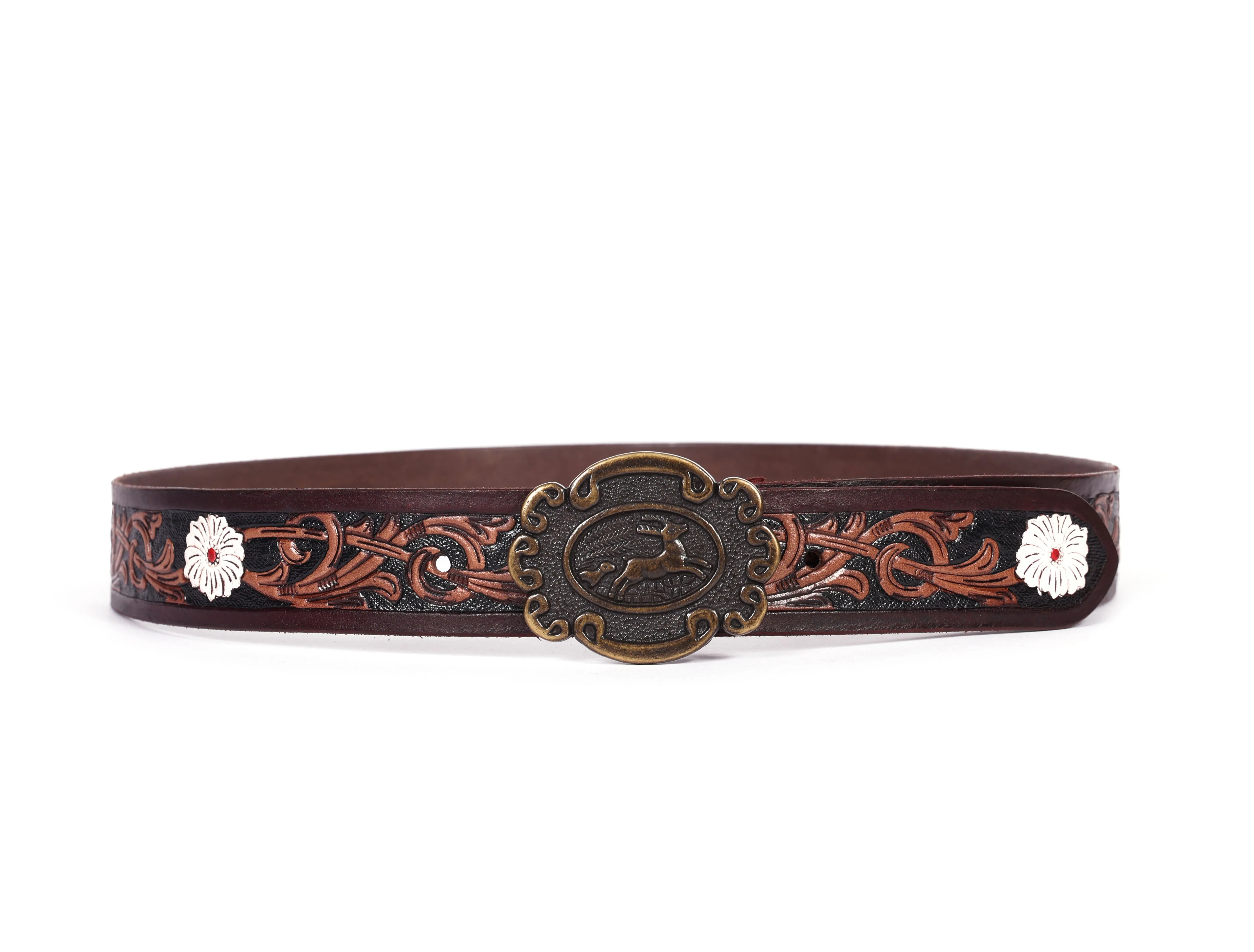 Artisan Brown Leather Tooling Belt: Animal-Inspired Buckle and Floral Accents.Art: LB-801