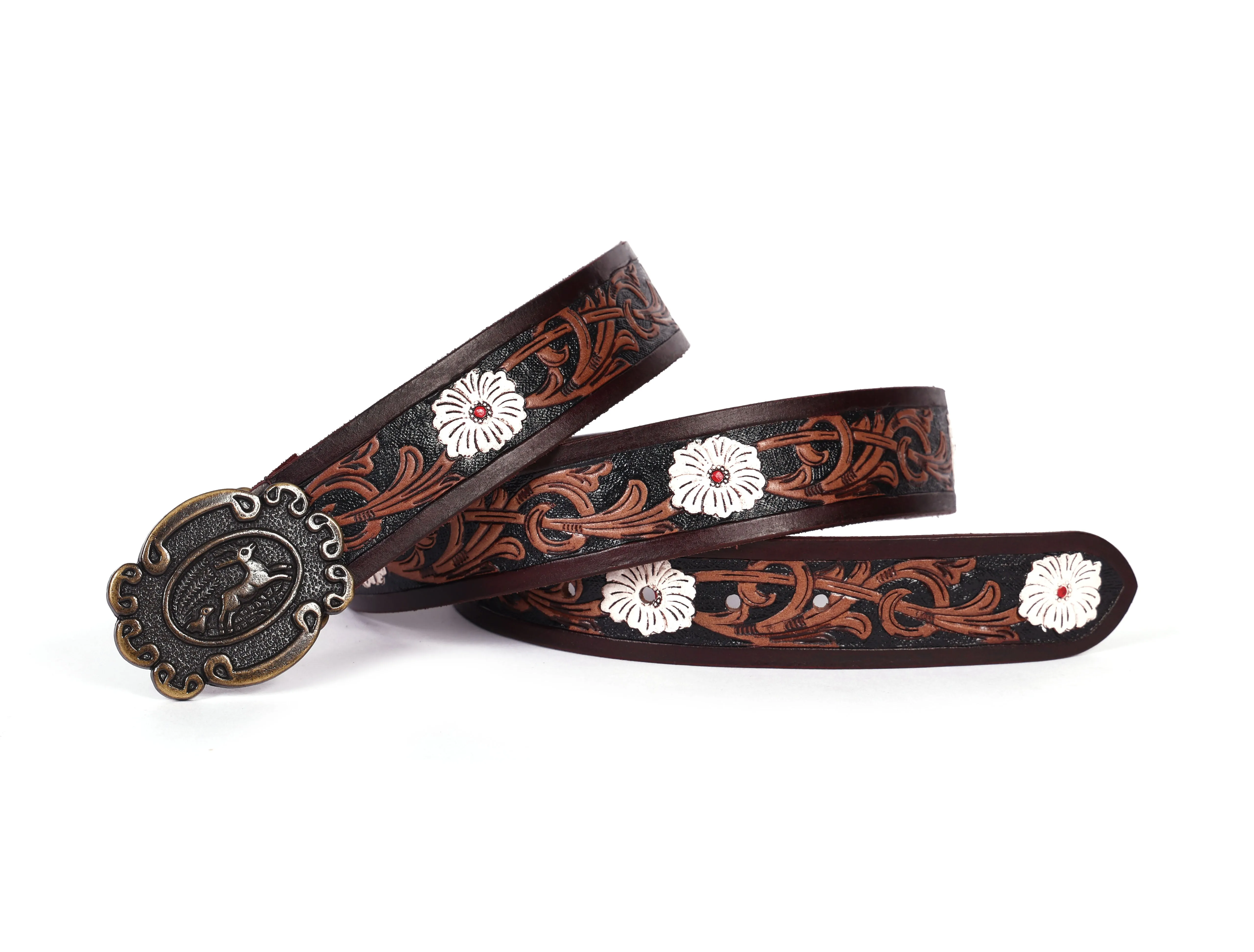 Artisan Brown Leather Tooling Belt: Animal-Inspired Buckle and Floral Accents.Art: LB-801