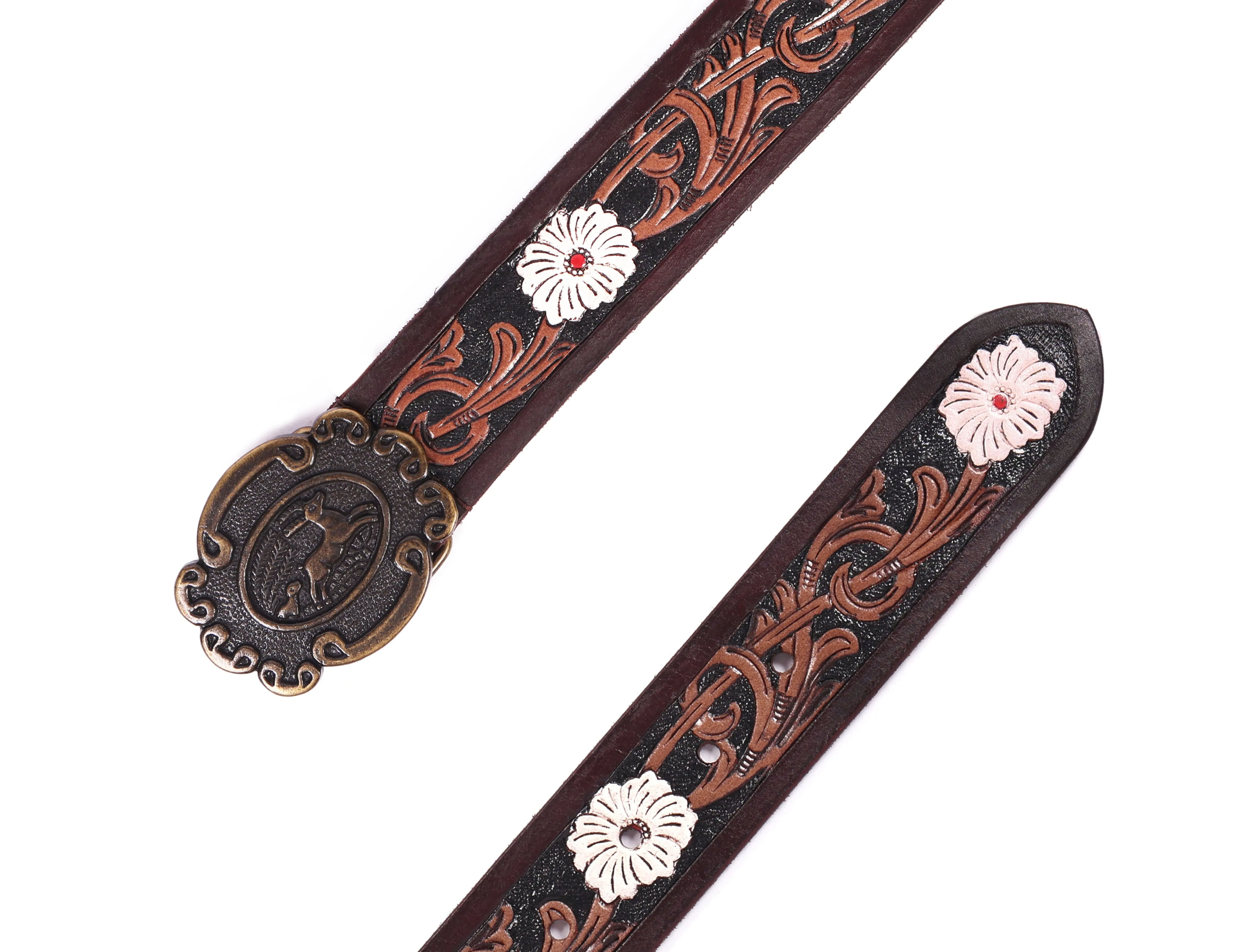 Artisan Brown Leather Tooling Belt: Animal-Inspired Buckle and Floral Accents.Art: LB-801