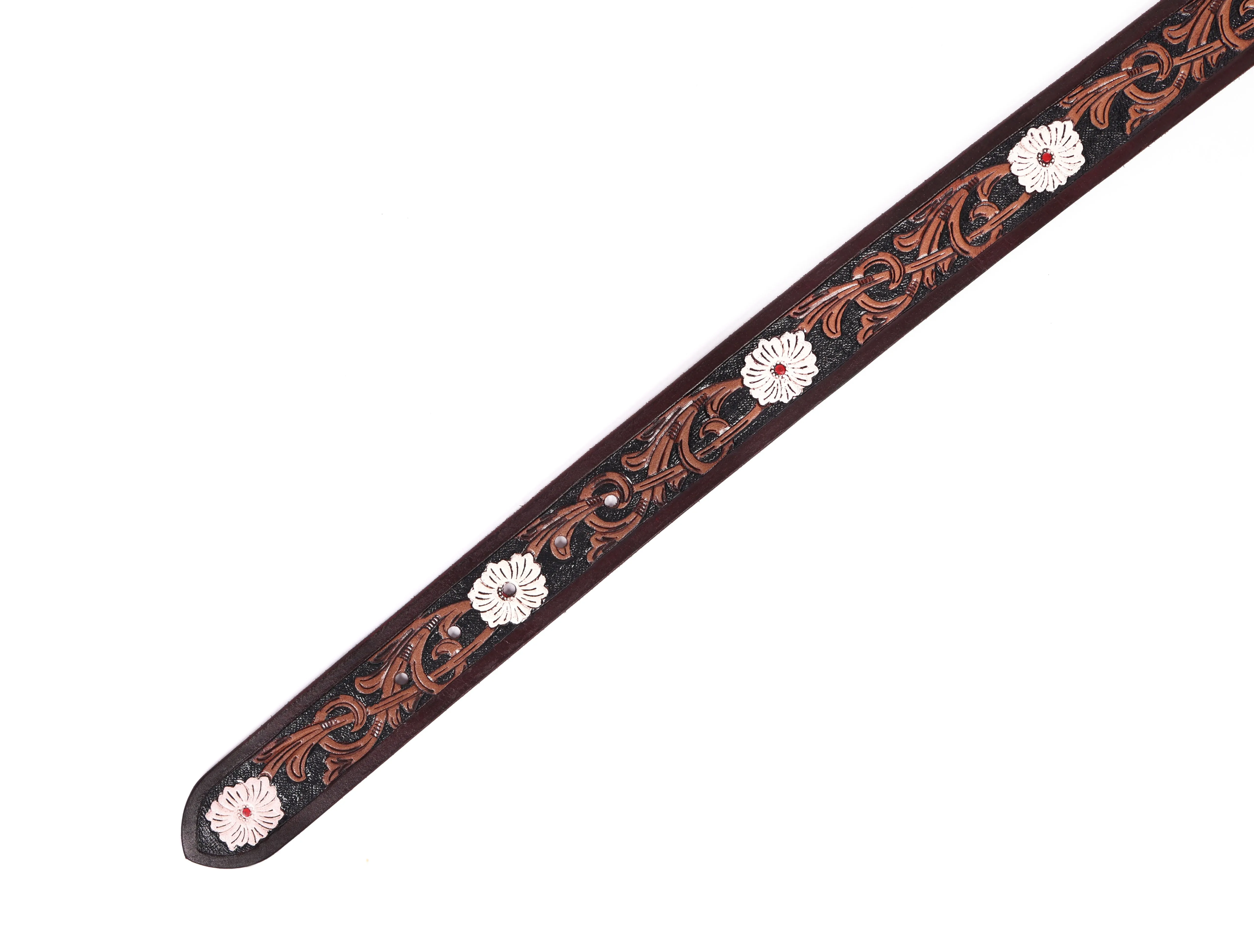 Artisan Brown Leather Tooling Belt: Animal-Inspired Buckle and Floral Accents.Art: LB-801