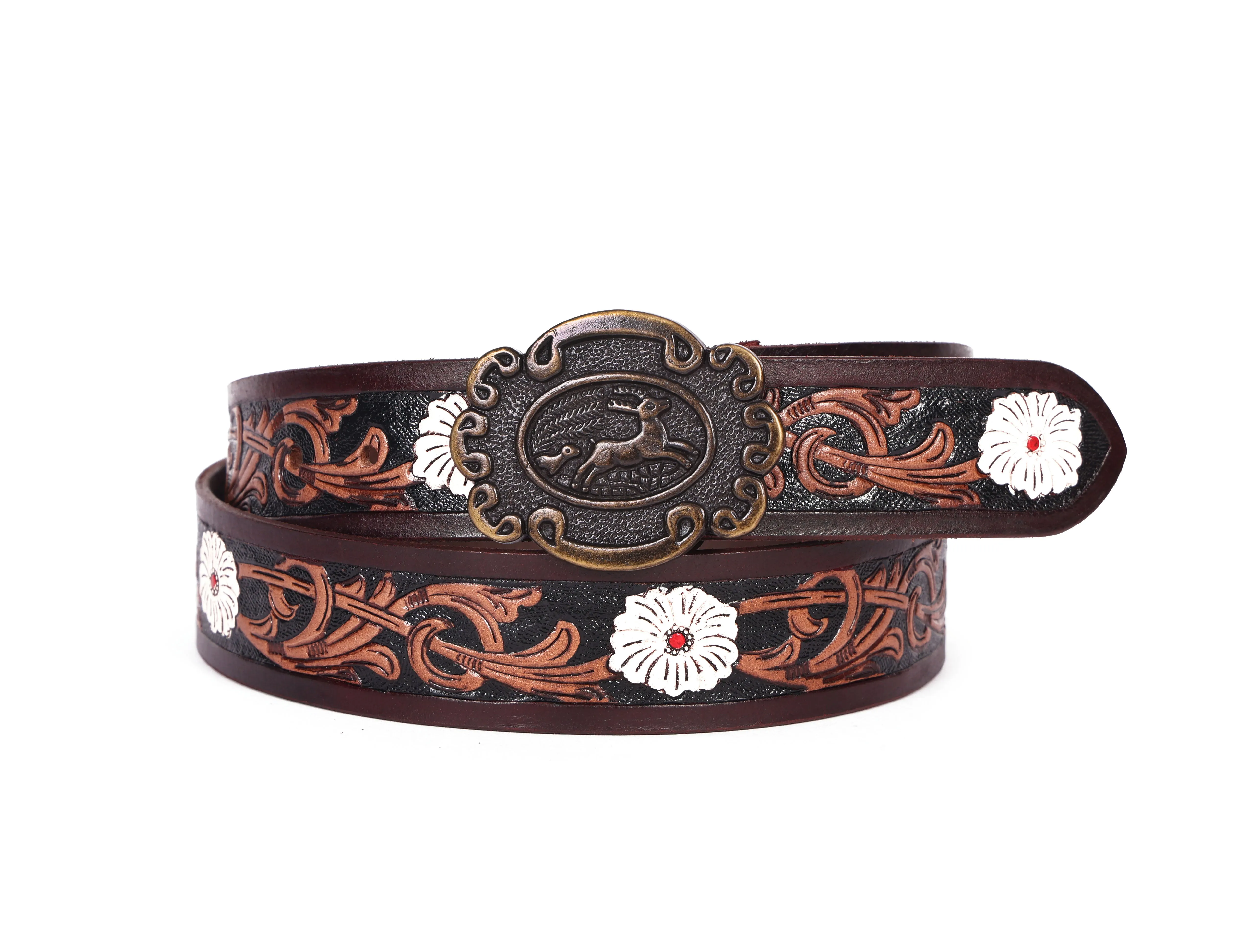 Artisan Brown Leather Tooling Belt: Animal-Inspired Buckle and Floral Accents.Art: LB-801