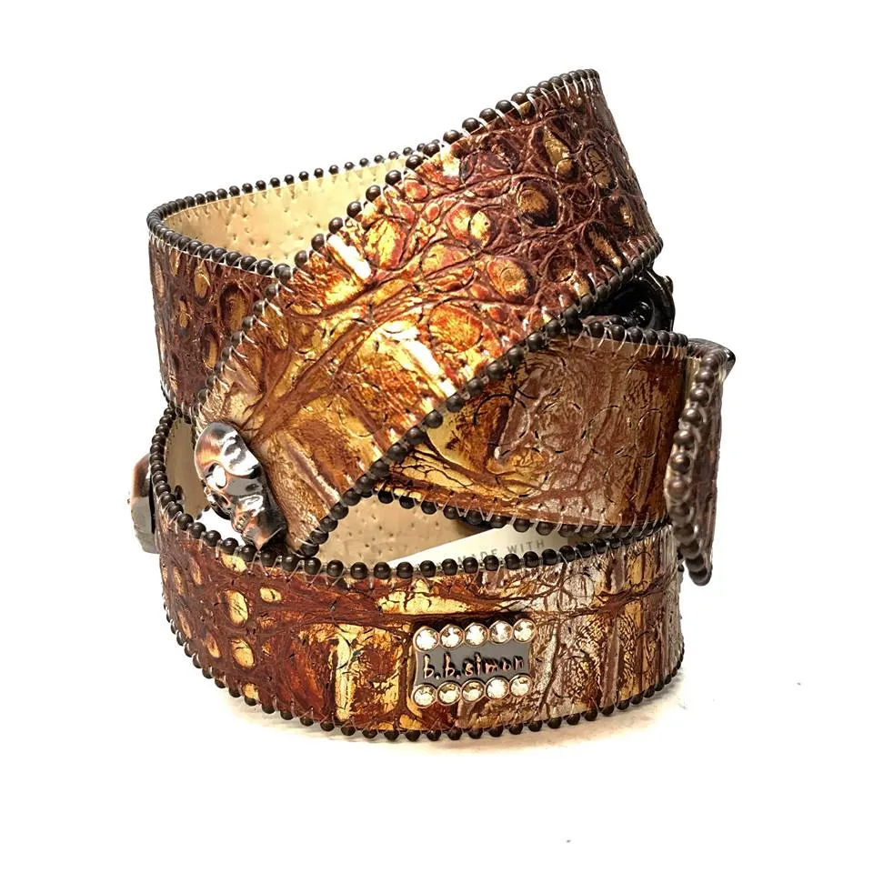 b.b. Simon Brown Pirate Skull Head Leather Crystal Belt