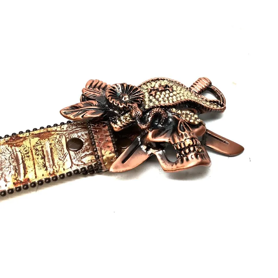 b.b. Simon Brown Pirate Skull Head Leather Crystal Belt