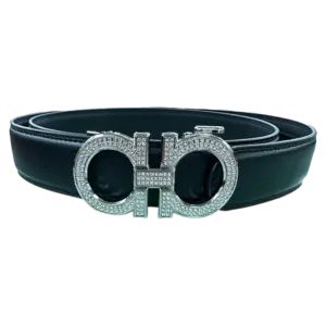 Black Men's Belt Ferrga Silver Buckle with Glitter Stones Luxury Design