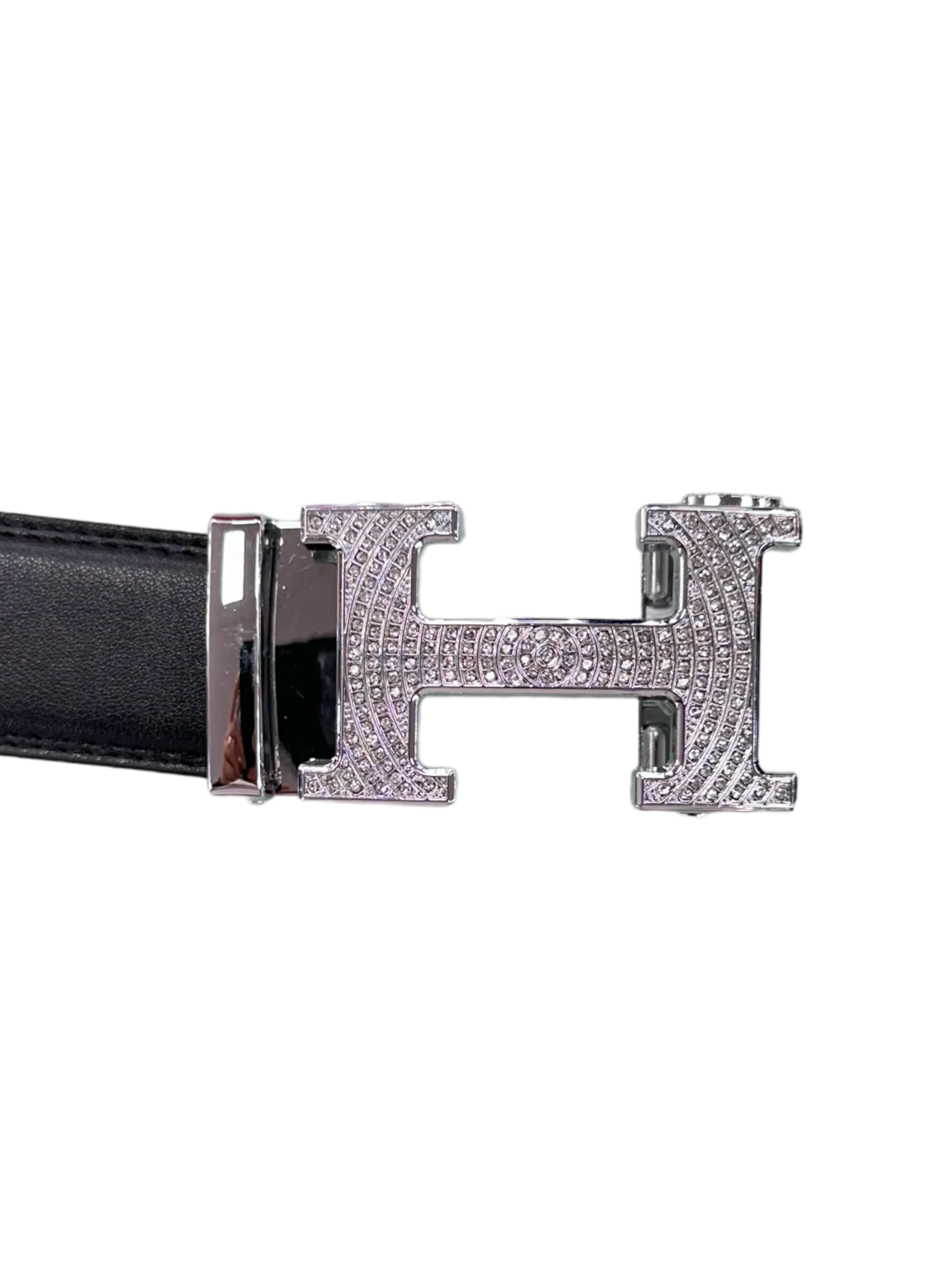 Black Men's Genuine Leather Belt Silver Buckle with Glitter Stones