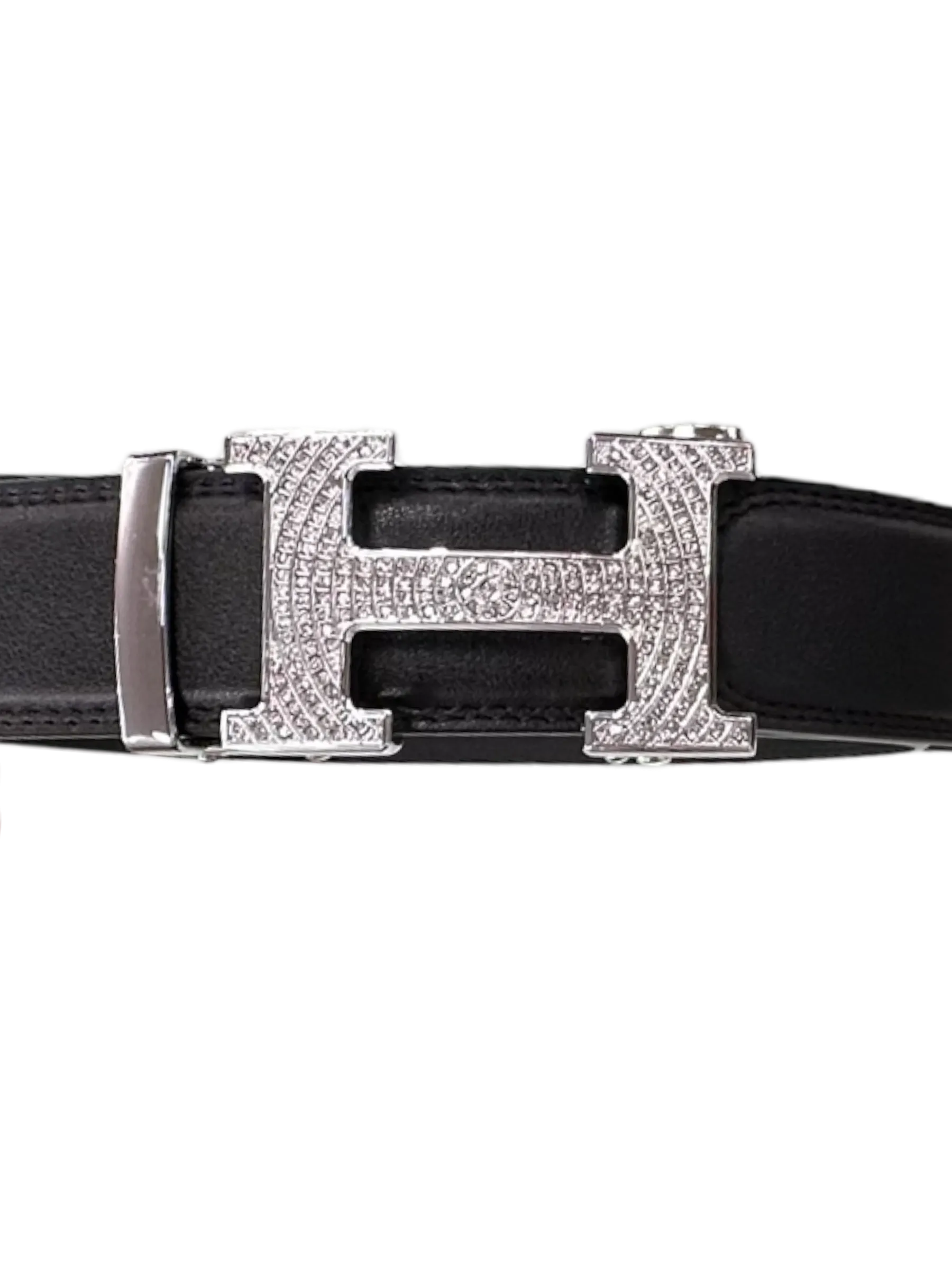 Black Men's Genuine Leather Belt Silver Buckle with Glitter Stones