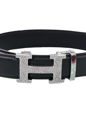 Black Men's Genuine Leather Belt Silver Buckle with Glitter Stones