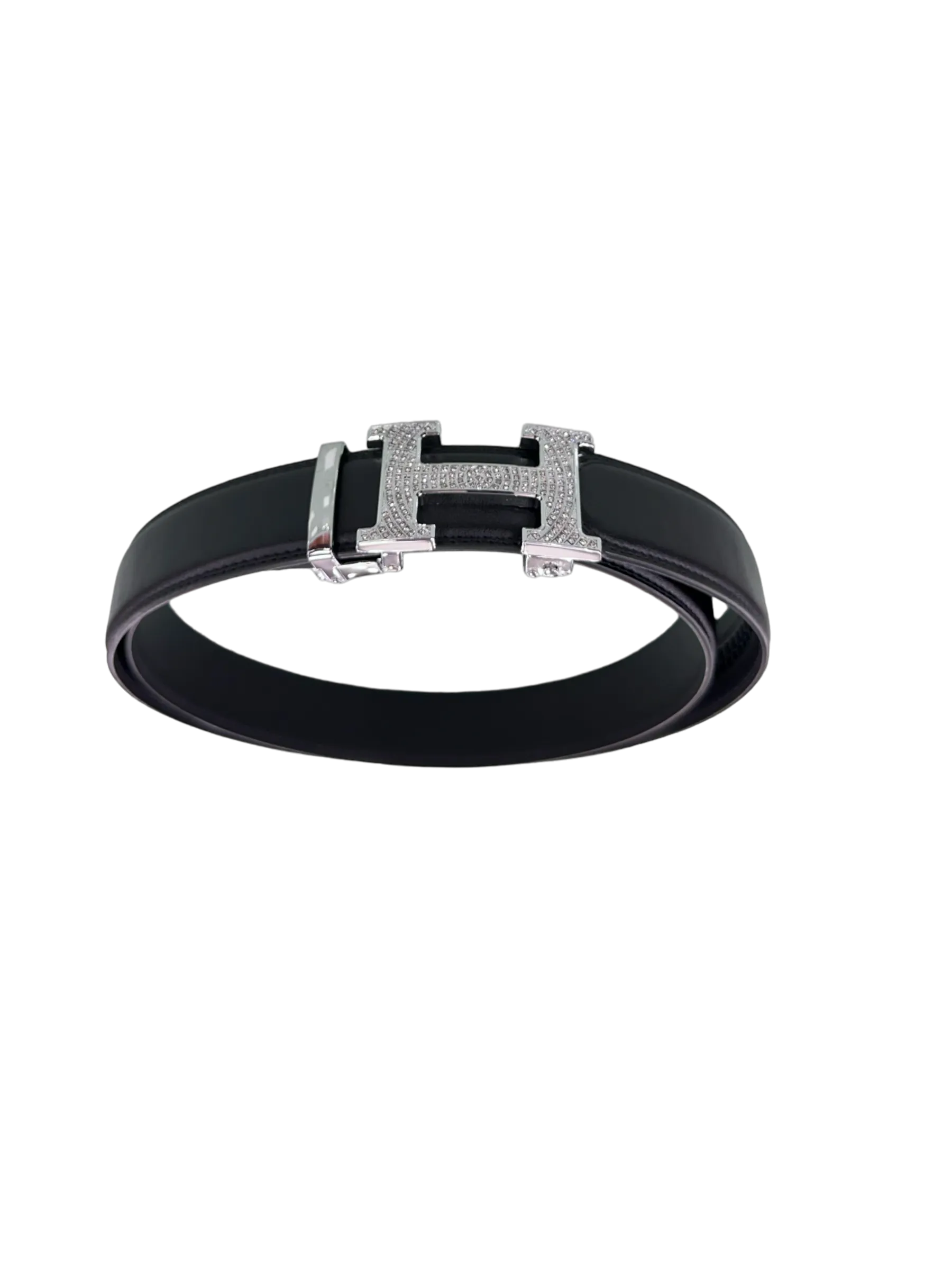Black Men's Genuine Leather Belt Silver Buckle with Glitter Stones