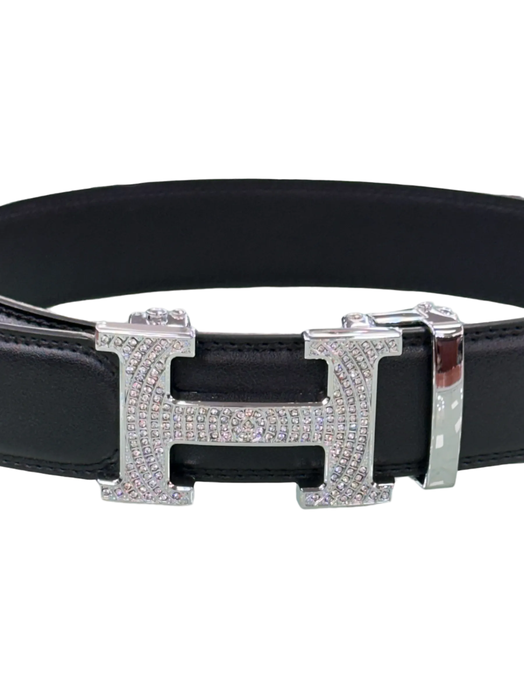 Black Men's Genuine Leather Belt Silver Buckle with Glitter Stones
