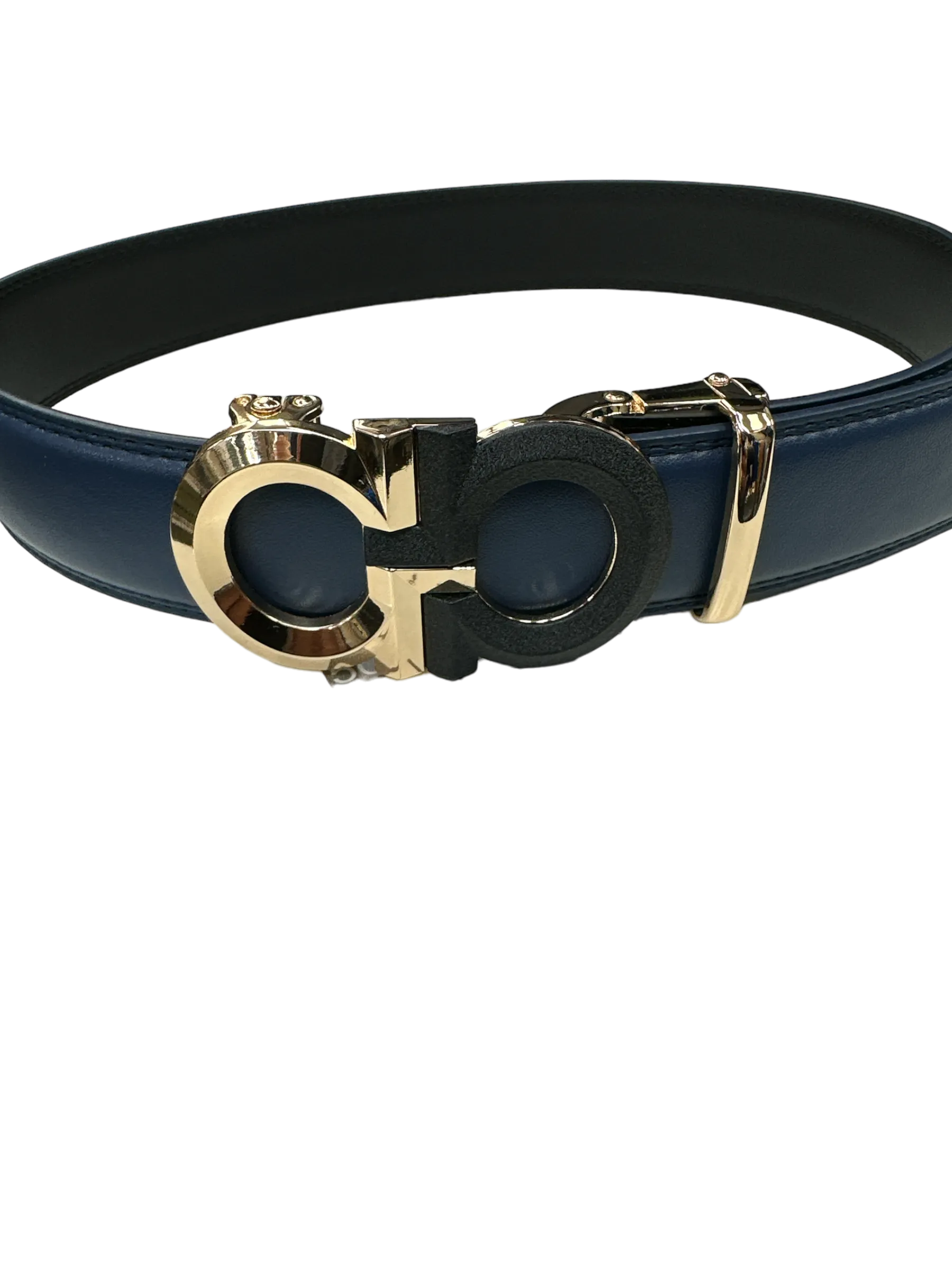 Blue Men's Belt Fashion Design Genuine Leather Gold and Black Buckle