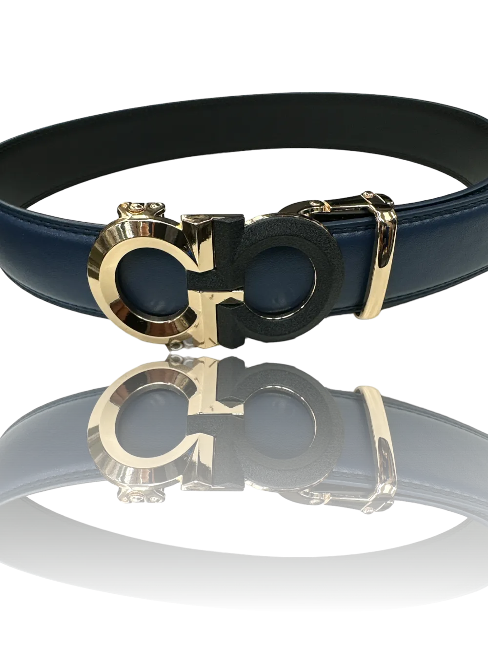 Blue Men's Belt Fashion Design Genuine Leather Gold and Black Buckle