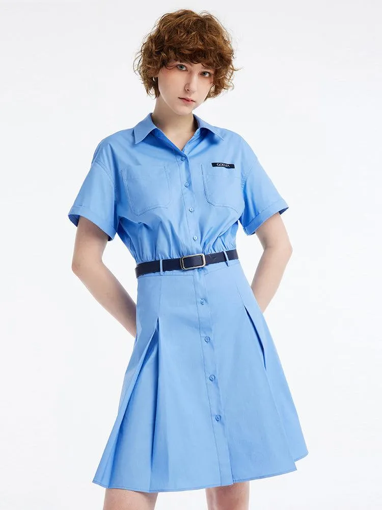 Blue Waist-skimming Cotton Mini Dress