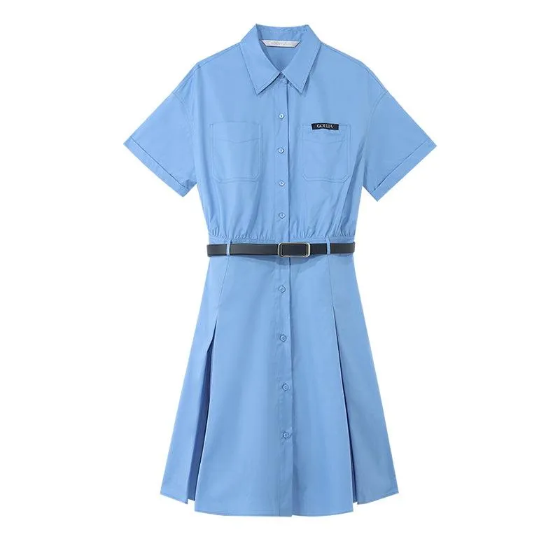 Blue Waist-skimming Cotton Mini Dress