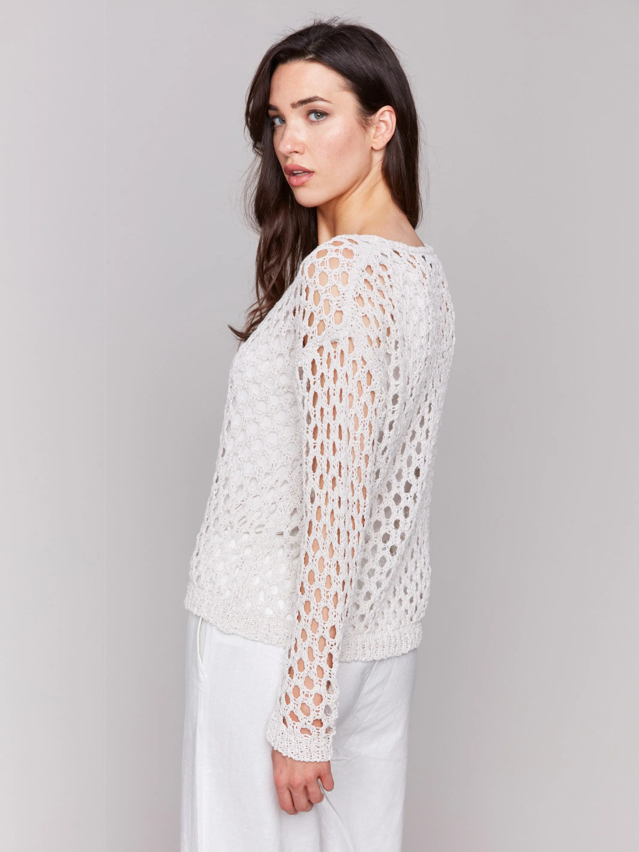 Braided Fishnet V-Neck Sweater - Petal