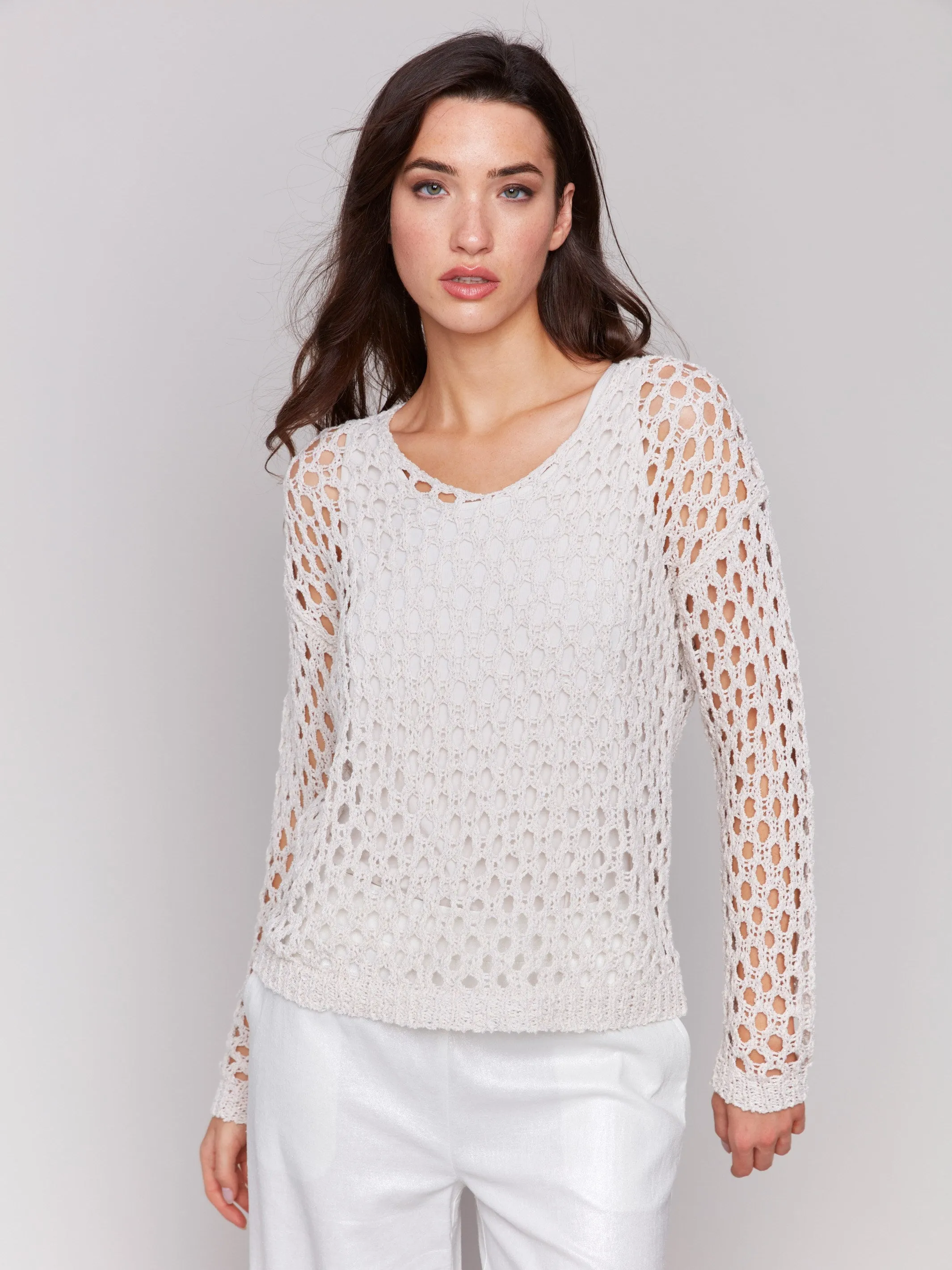 Braided Fishnet V-Neck Sweater - Petal