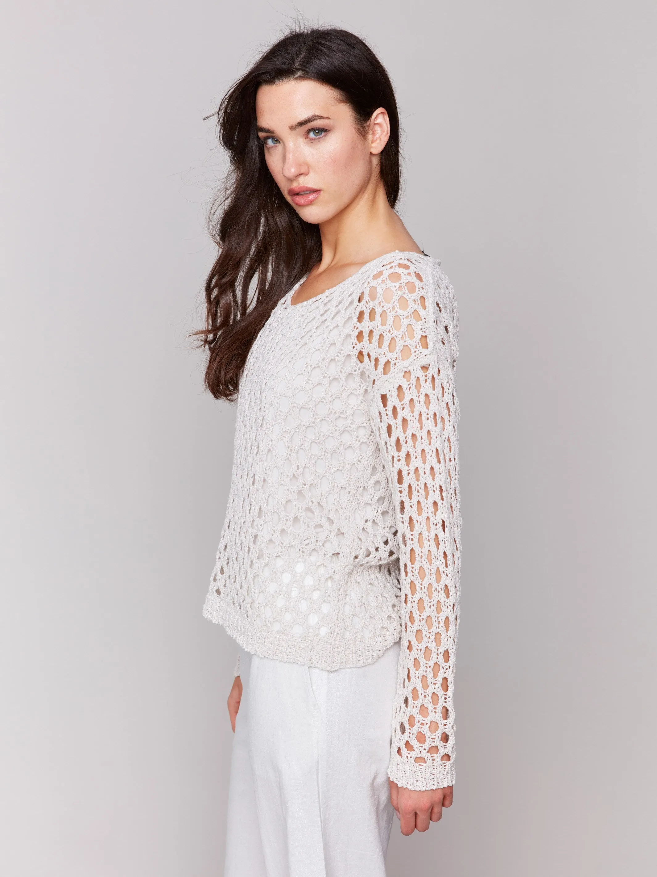 Braided Fishnet V-Neck Sweater - Petal