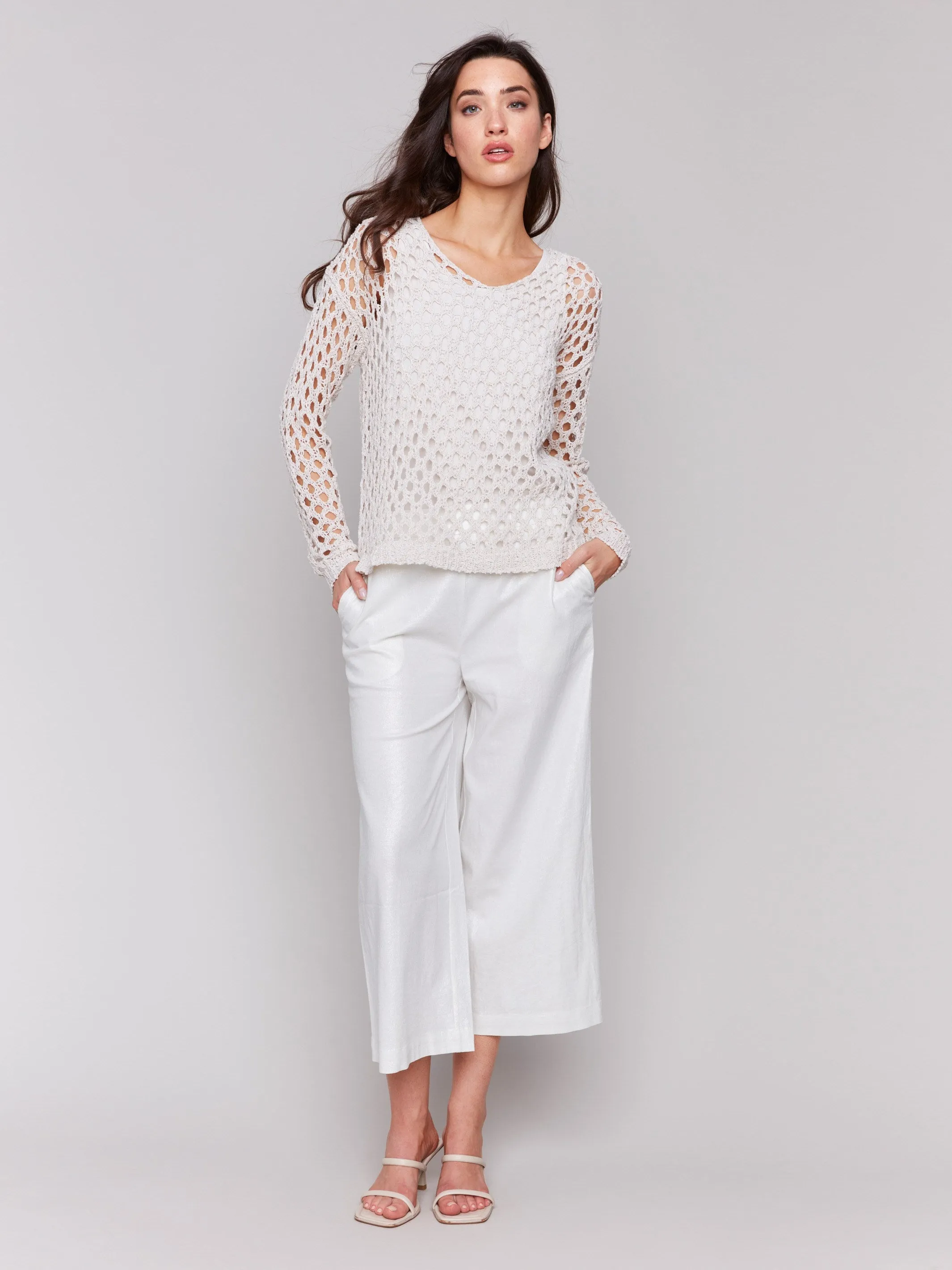 Braided Fishnet V-Neck Sweater - Petal