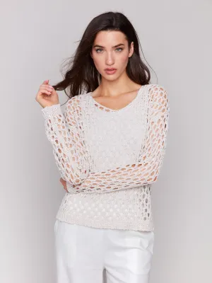 Braided Fishnet V-Neck Sweater - Petal