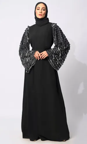 Classic black Abaya with Tiered Frill Sleeves and Tassels and Belt - Final Sale