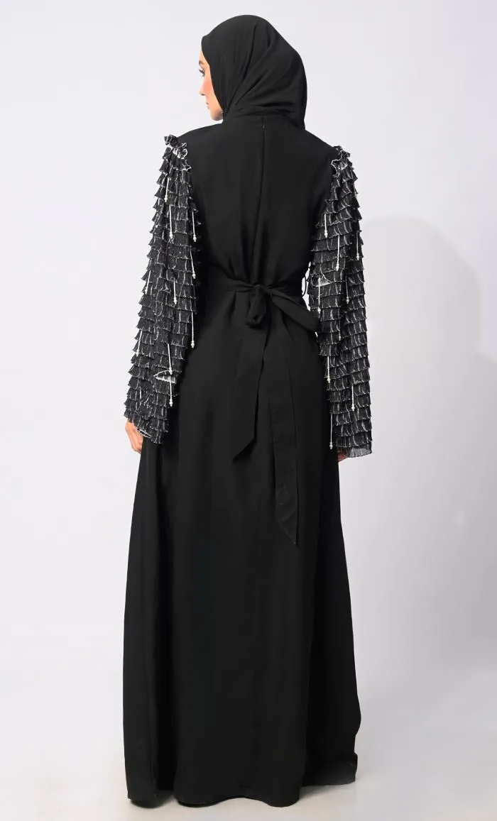 Classic black Abaya with Tiered Frill Sleeves and Tassels and Belt - Final Sale