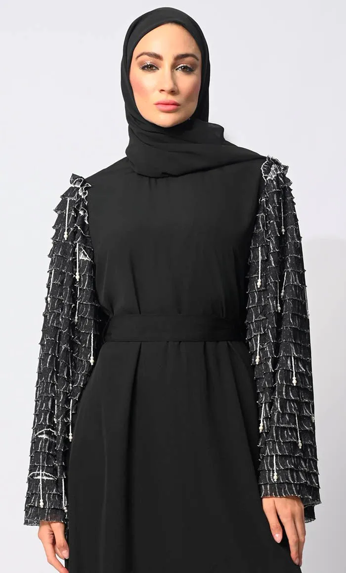 Classic black Abaya with Tiered Frill Sleeves and Tassels and Belt - Final Sale