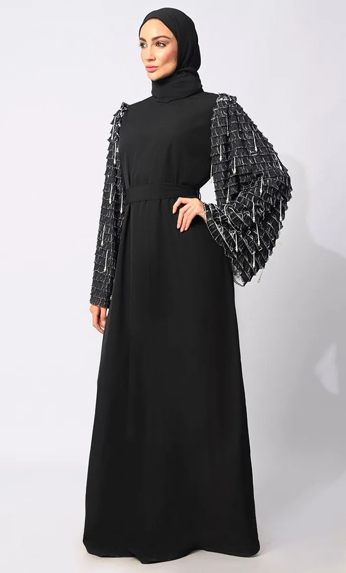 Classic black Abaya with Tiered Frill Sleeves and Tassels and Belt - Final Sale