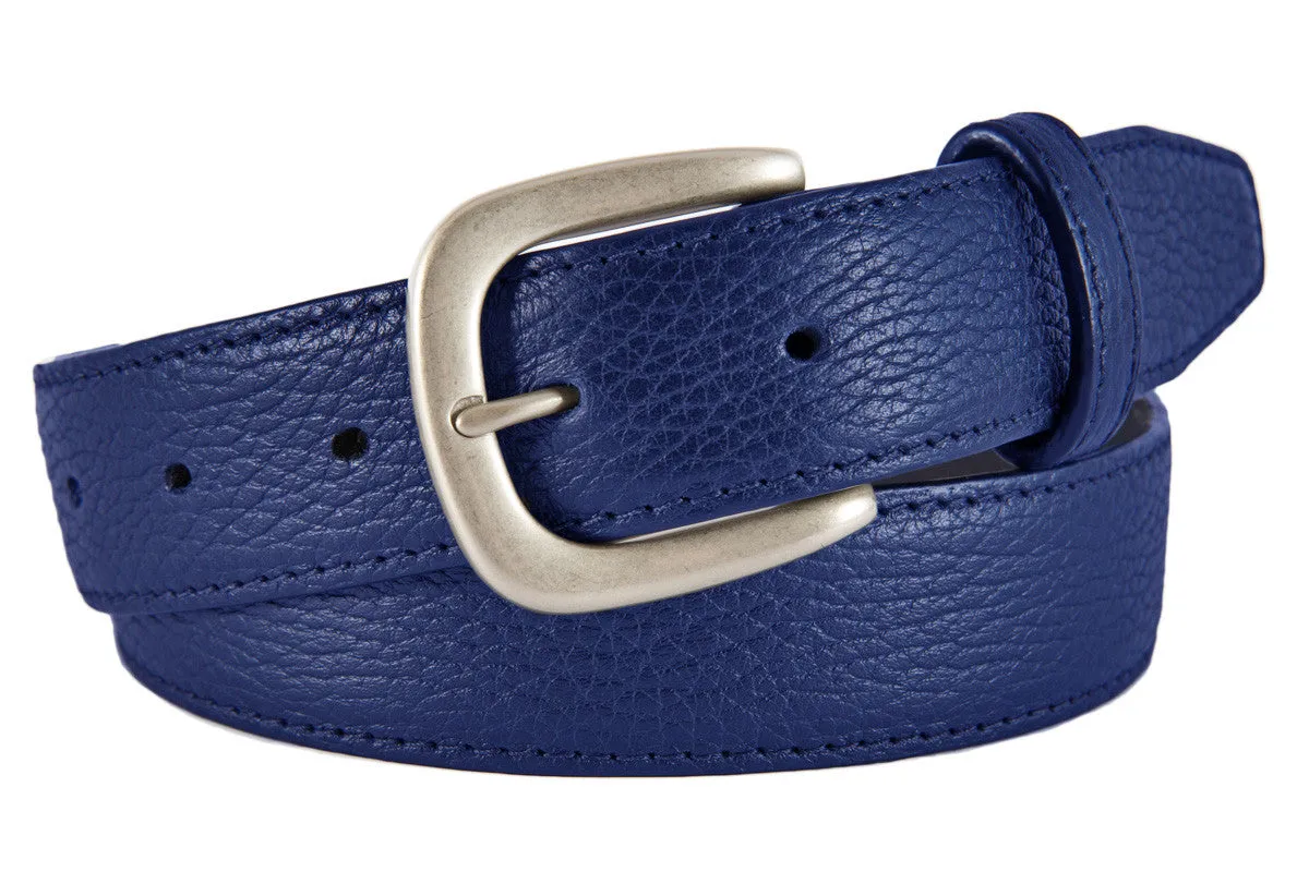 Cobalt Blue Pebbled Leather Belt, Hudson Buckle (Brushed Silver)