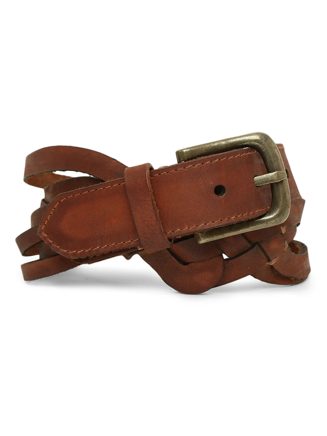 Cognac Interlaced Genuine Leather Belt By Art N Vintage