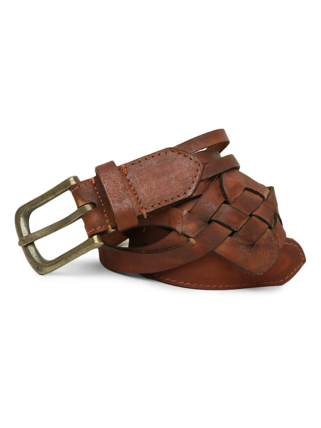 Cognac Interlaced Genuine Leather Belt By Art N Vintage