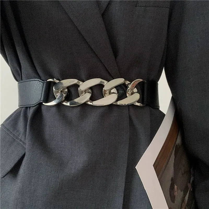 Elastic Black Belt & Decorative Chain for Skirt Coat Suit