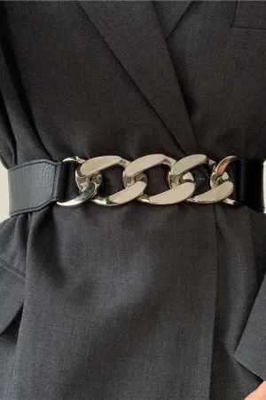 Elastic Black Belt & Decorative Chain for Skirt Coat Suit