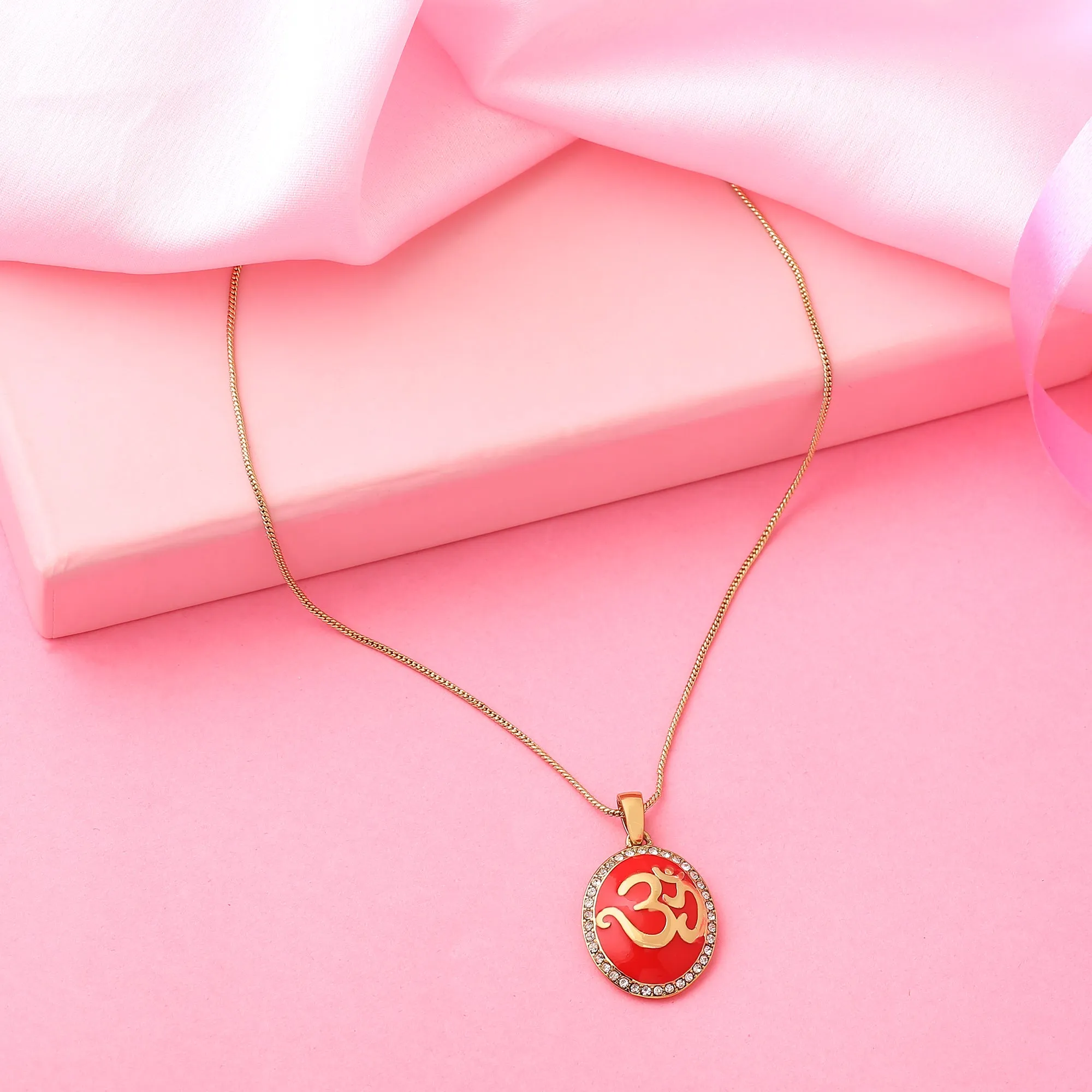 Estele - Red Enamel Gold Plated OM Pendant for Women / Girls