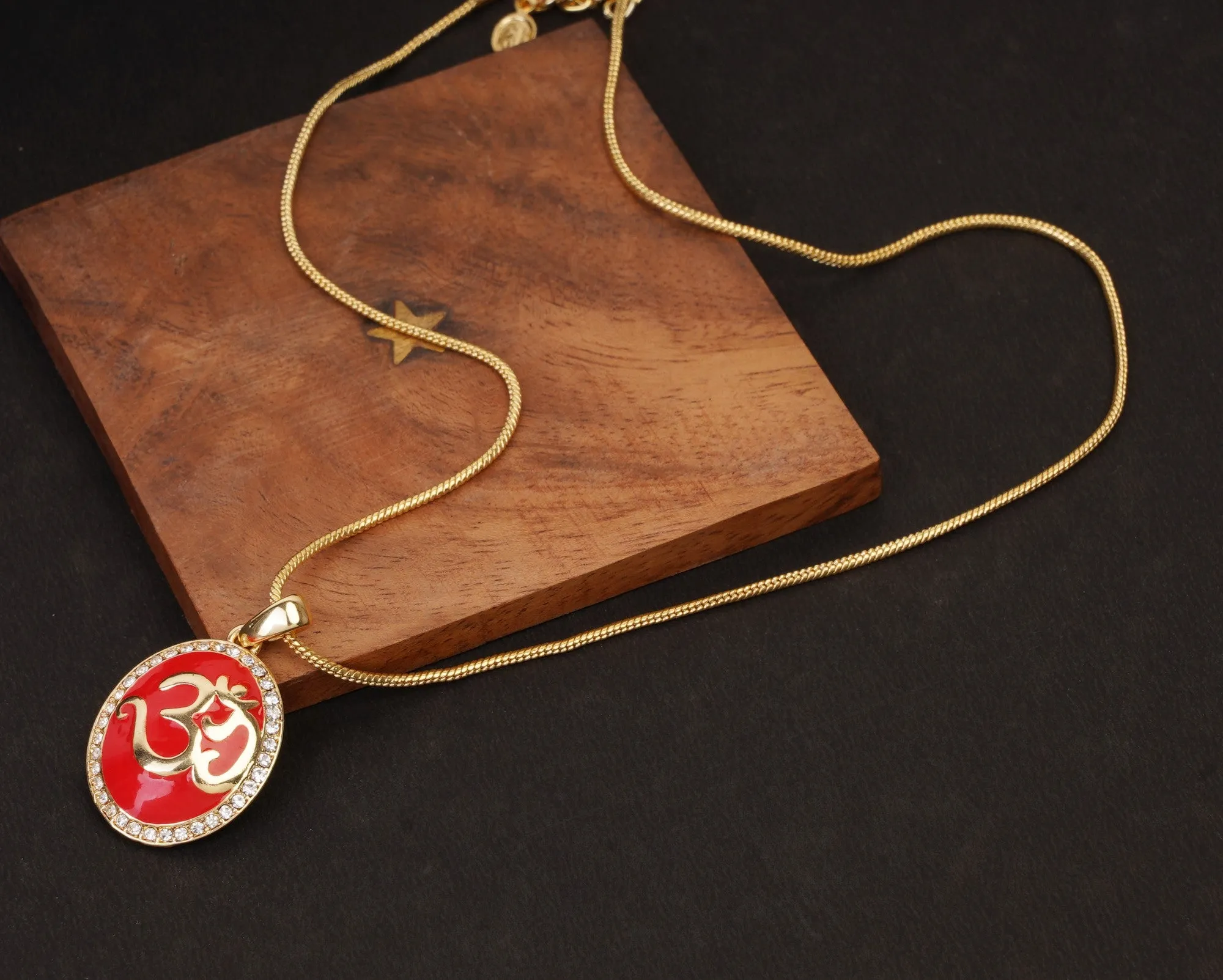 Estele - Red Enamel Gold Plated OM Pendant for Women / Girls