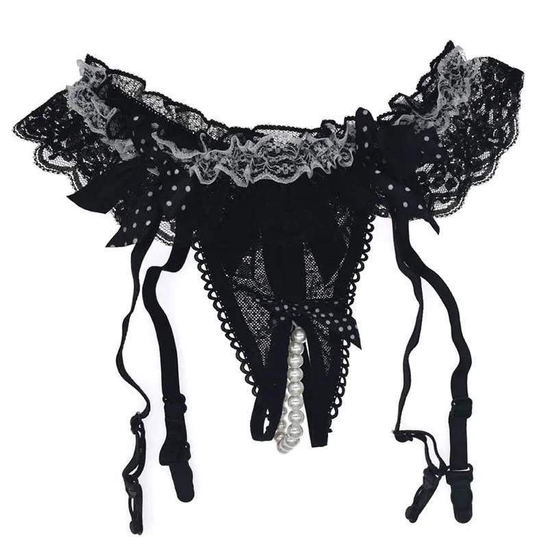 Floral Ruffle Mesh Crotchless Pearl Garter Belts
