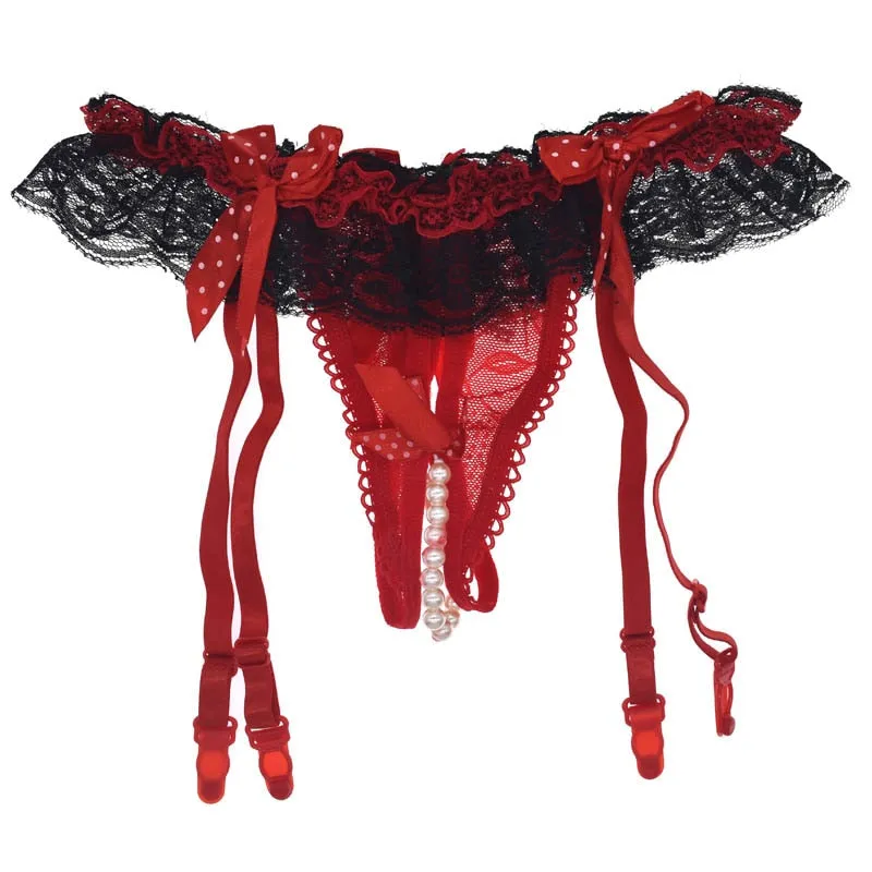 Floral Ruffle Mesh Crotchless Pearl Garter Belts