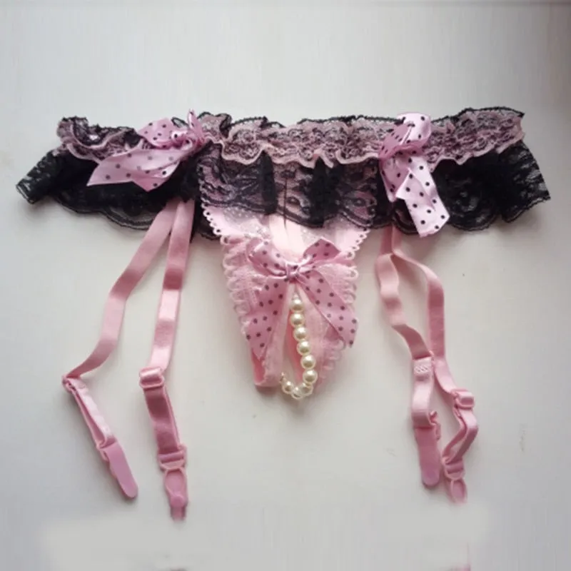 Floral Ruffle Mesh Crotchless Pearl Garter Belts