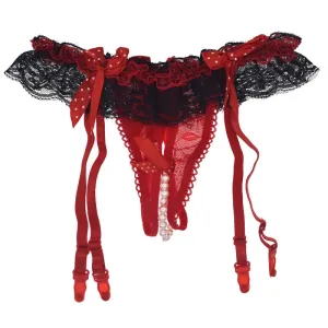 Floral Ruffle Mesh Crotchless Pearl Garter Belts