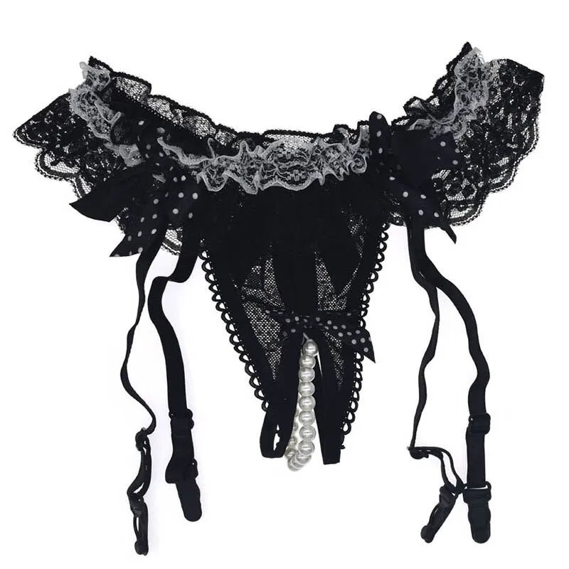 Floral Ruffle Mesh Crotchless Pearl Garter Belts