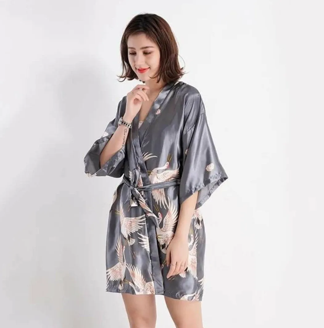 FLORAL SILVER BIRD SATIN GOWN