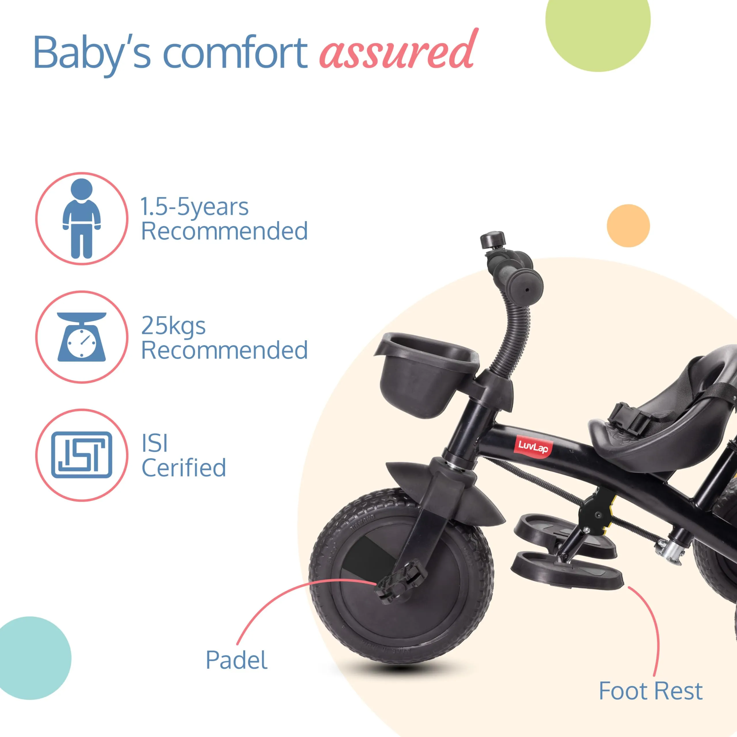 Luvlap Elegant Lite Kids' Tricycle with Push Bar, Full Metal Frame & Anti-Slip Pedals, 1.5 to 5 Years, Carrying Capacity up to 25 Kg, Black