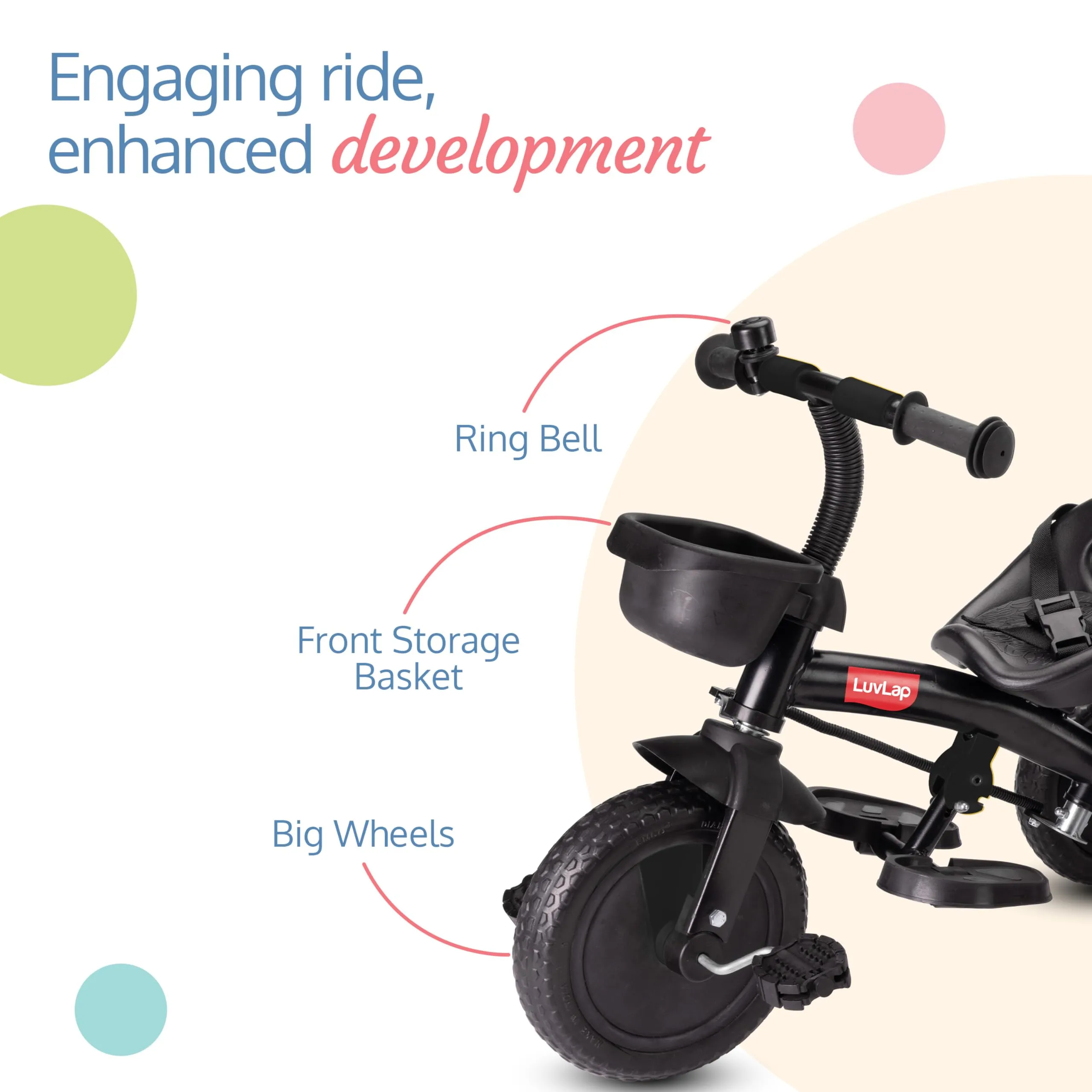 Luvlap Elegant Lite Kids' Tricycle with Push Bar, Full Metal Frame & Anti-Slip Pedals, 1.5 to 5 Years, Carrying Capacity up to 25 Kg, Black