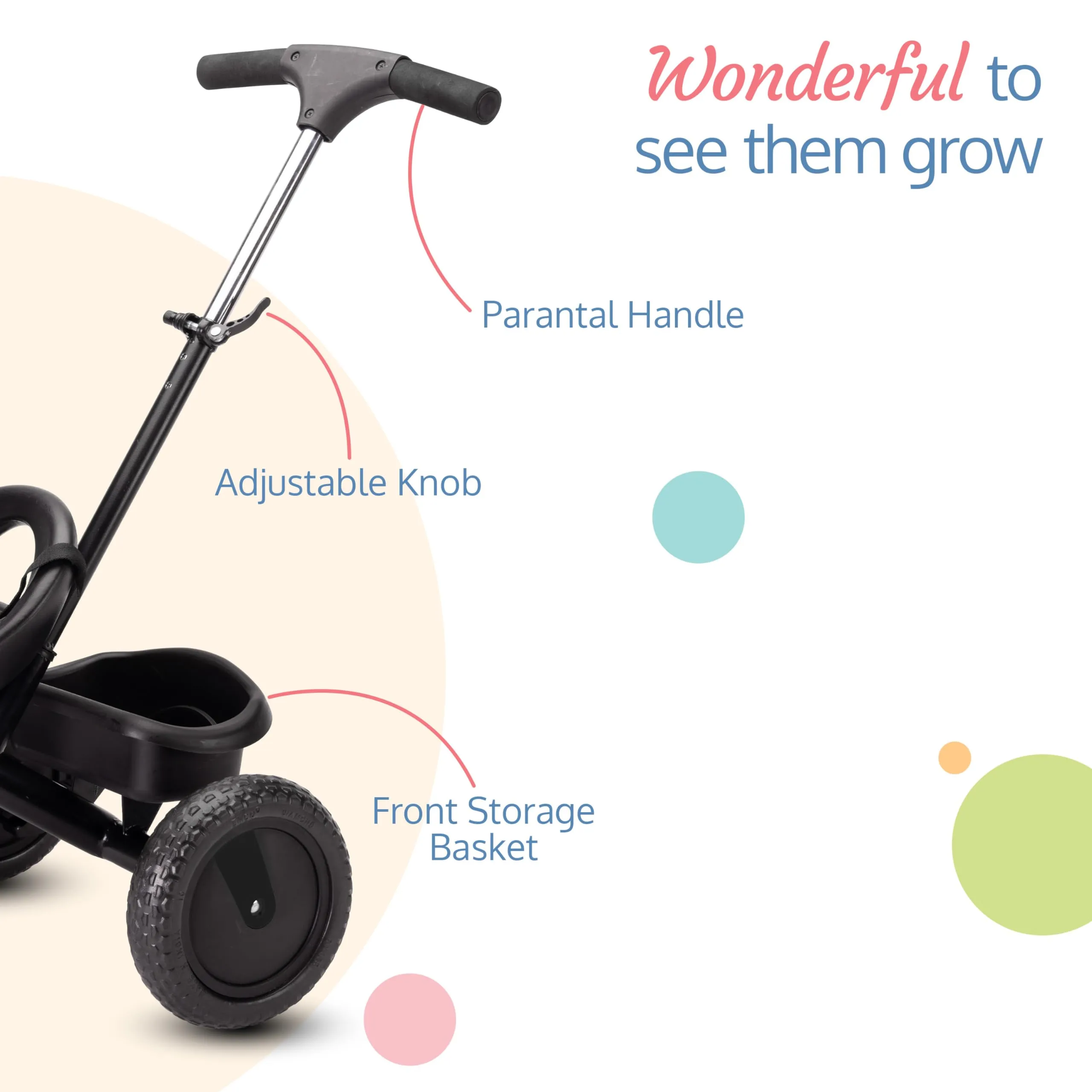 Luvlap Elegant Lite Kids' Tricycle with Push Bar, Full Metal Frame & Anti-Slip Pedals, 1.5 to 5 Years, Carrying Capacity up to 25 Kg, Black