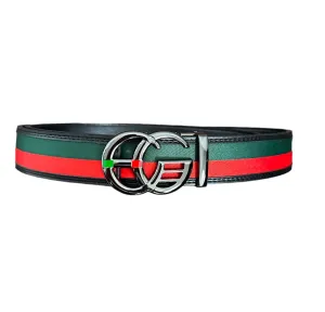 Men's Black Luxury Design Belt Genuine Leather Green and Red Stripe