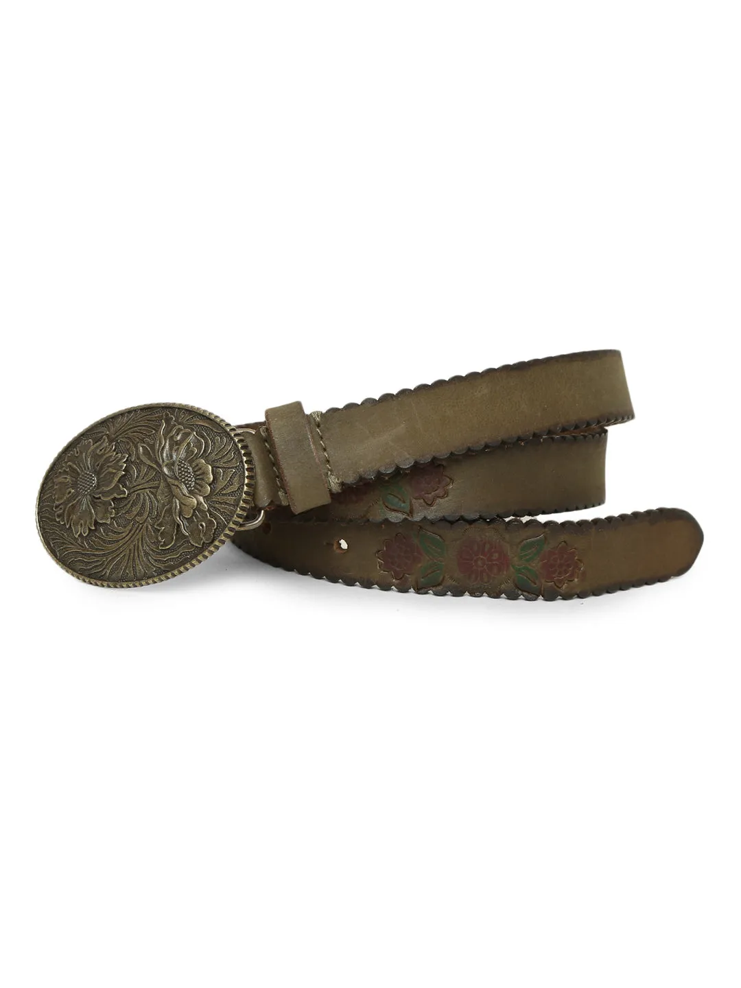 Mesmerizing Olive Flower Printed Hand-tooled Design Belt By Art N Vintage