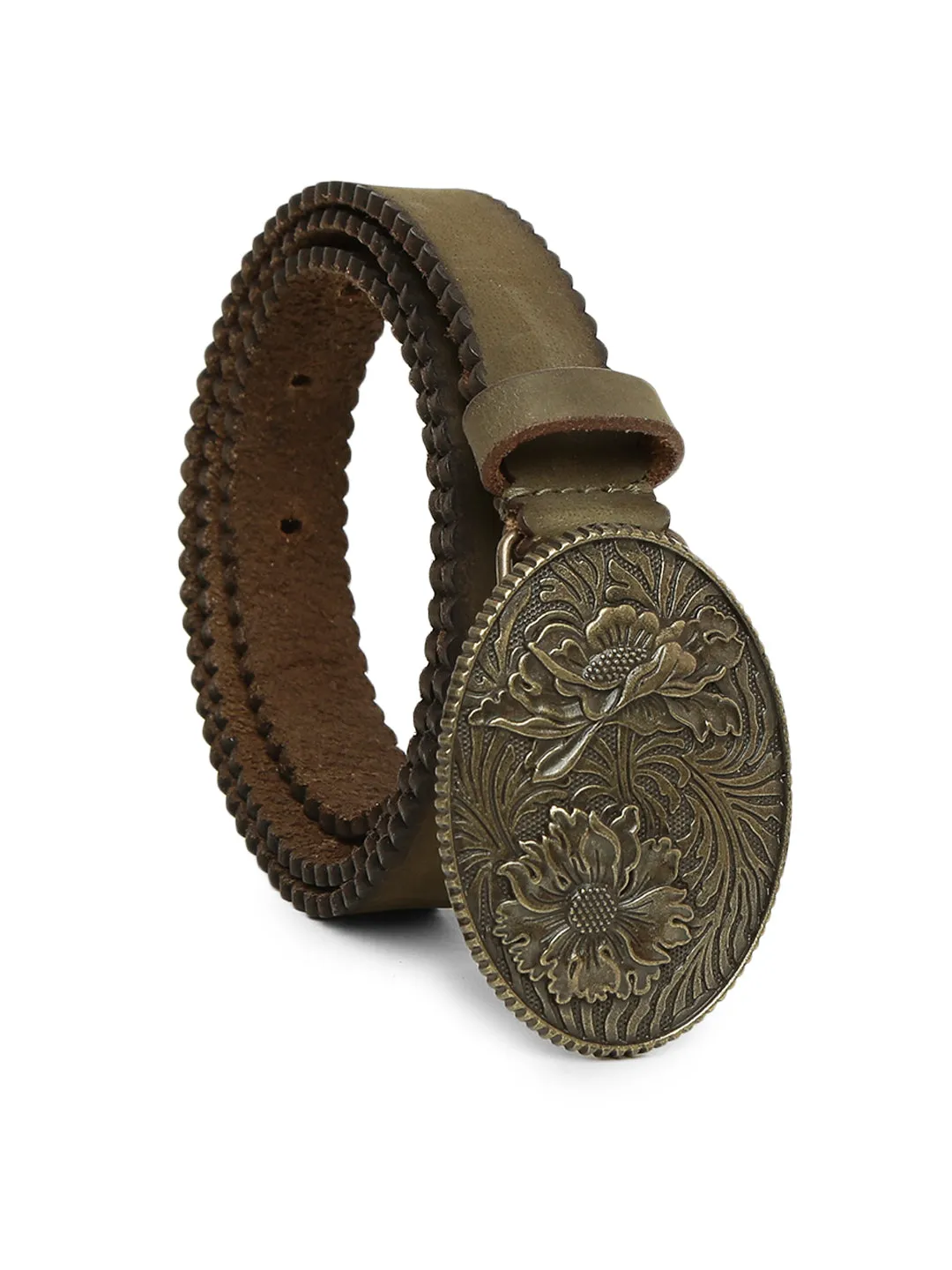 Mesmerizing Olive Flower Printed Hand-tooled Design Belt By Art N Vintage