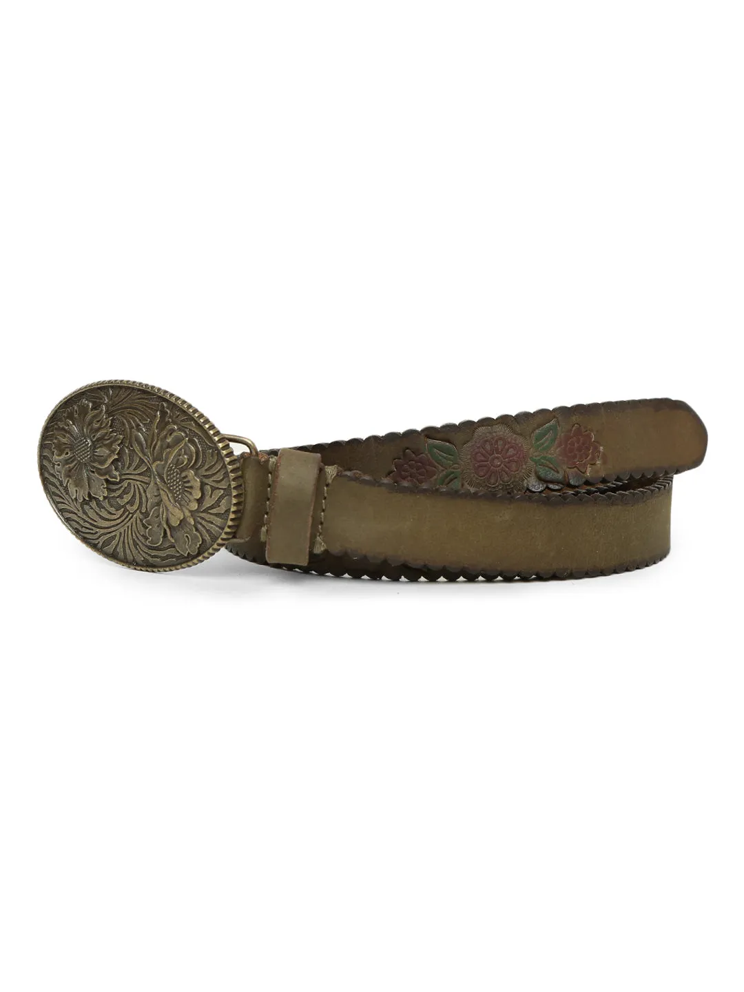 Mesmerizing Olive Flower Printed Hand-tooled Design Belt By Art N Vintage