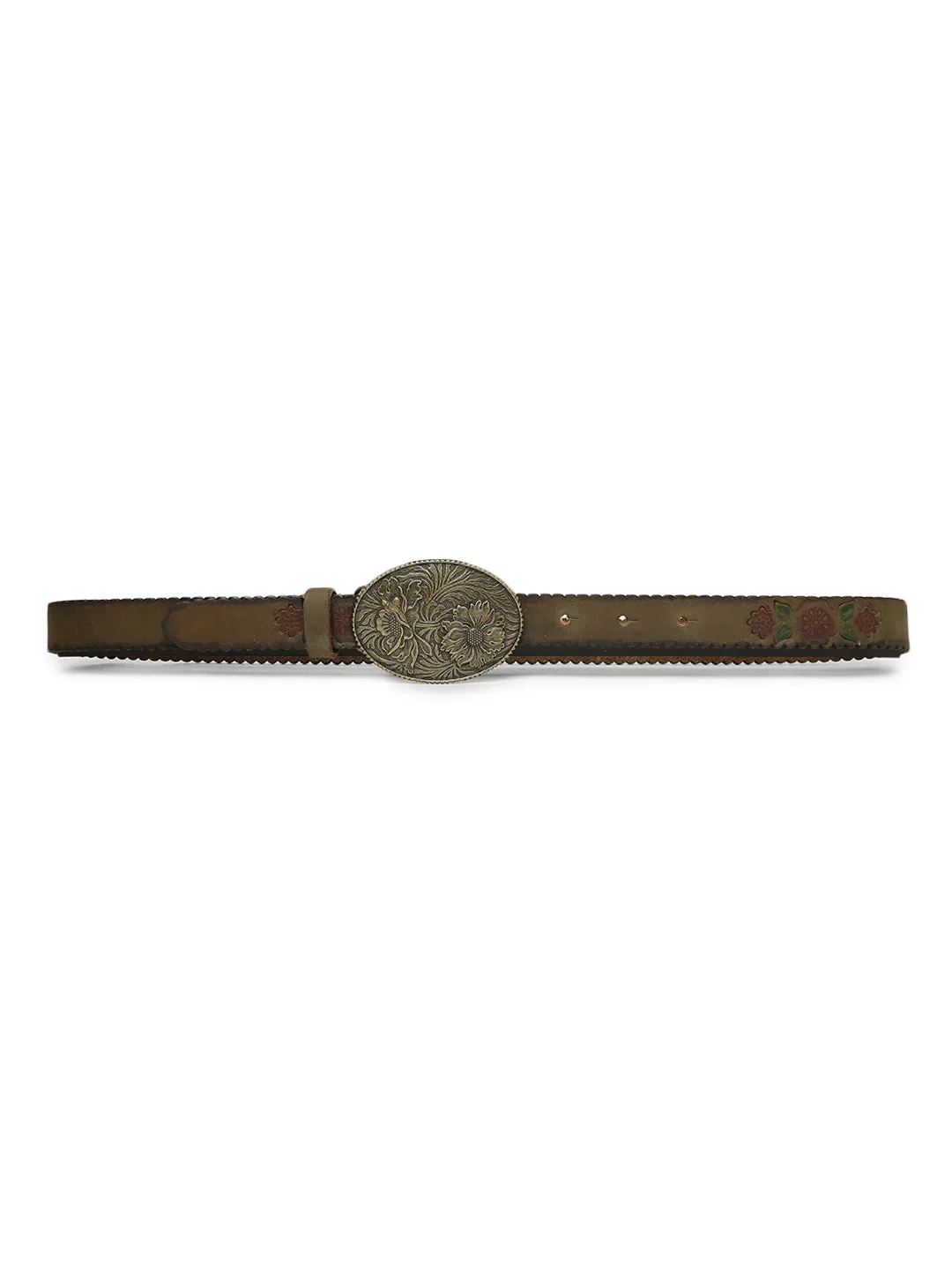 Mesmerizing Olive Flower Printed Hand-tooled Design Belt By Art N Vintage