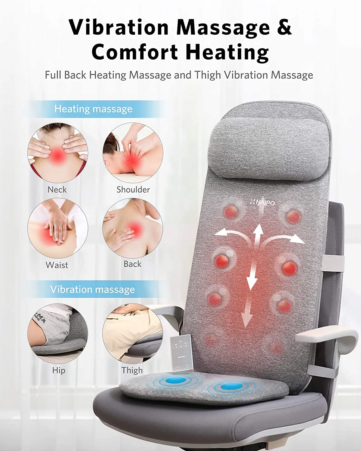 Naipo Shiatsu Massage Cushion with Heat and Vibration, Massage Chair Pad to Relax Full Back, Shoulders, Lumbar and Thighs
