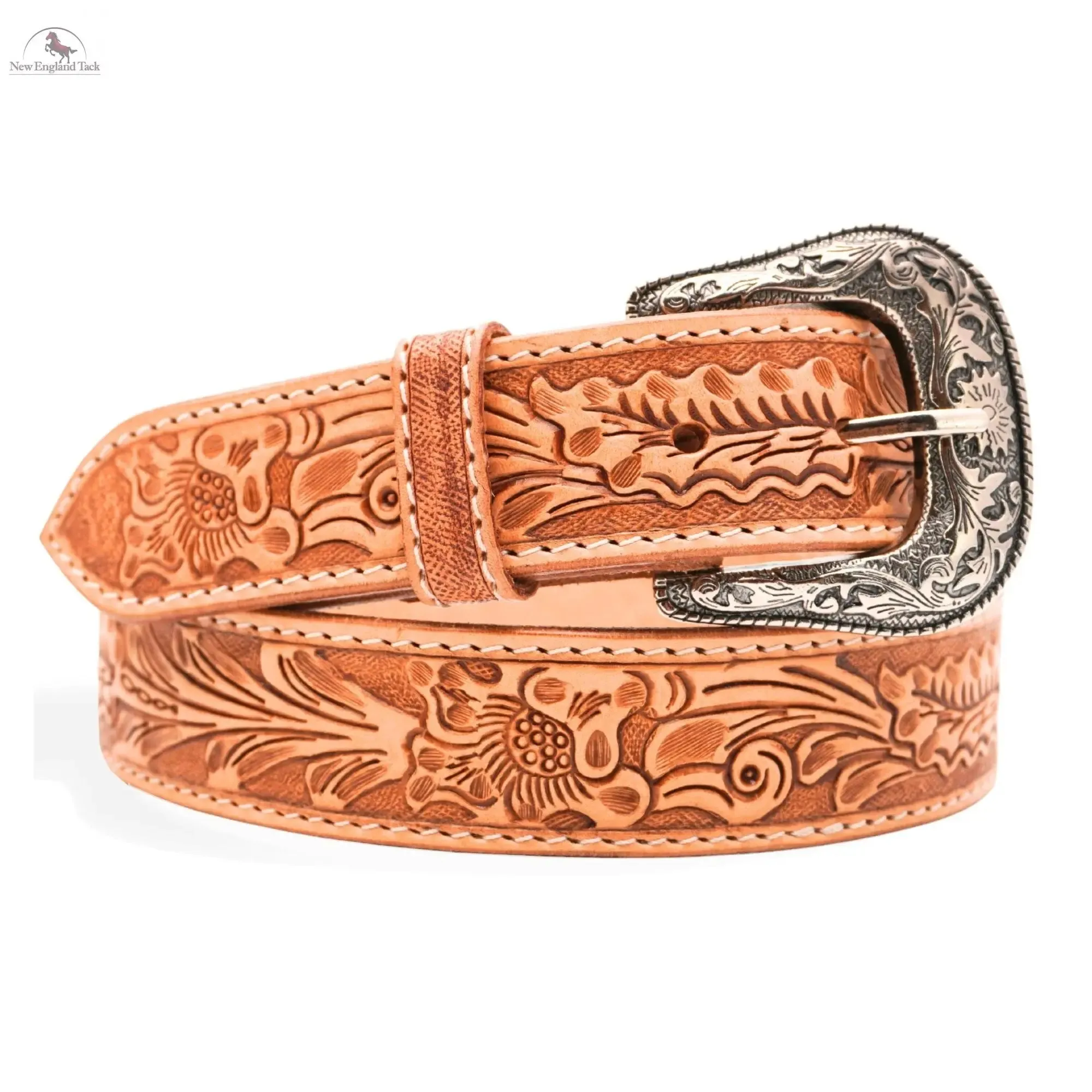 Resistance Western Cowgirl Cowboy Floral Tooled  Argentinian Leather Belt With Black Silver Buckle