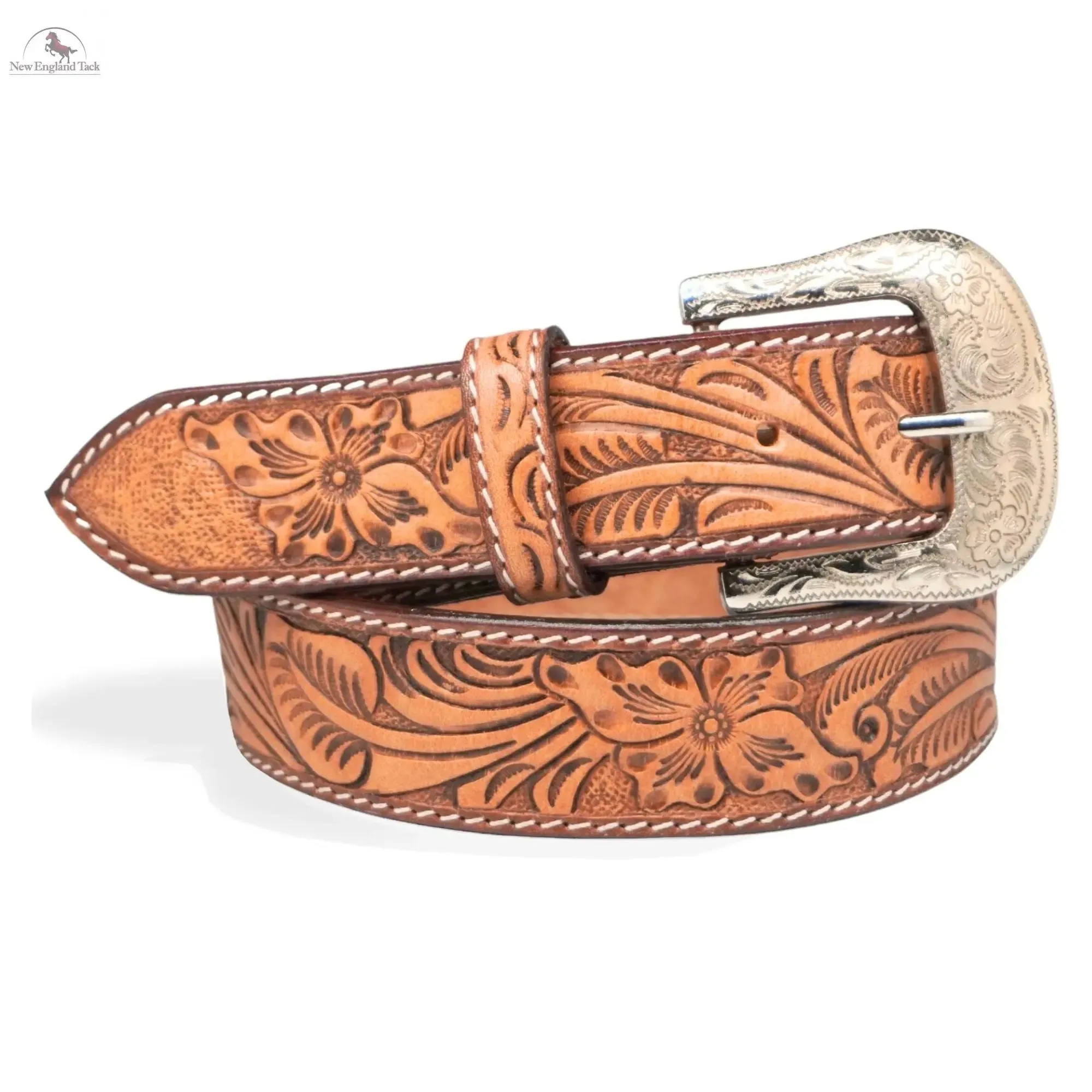 Resistance Western Cowgirl Cowboy Floral Tooled  Argentinian Leather Belt With Black Silver Buckle